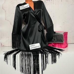 VS LUXE XS/S FRINGE SATIN LONG ROBE KIMONO LINGERIE PLUNGE BOW SLITS CUT OUT